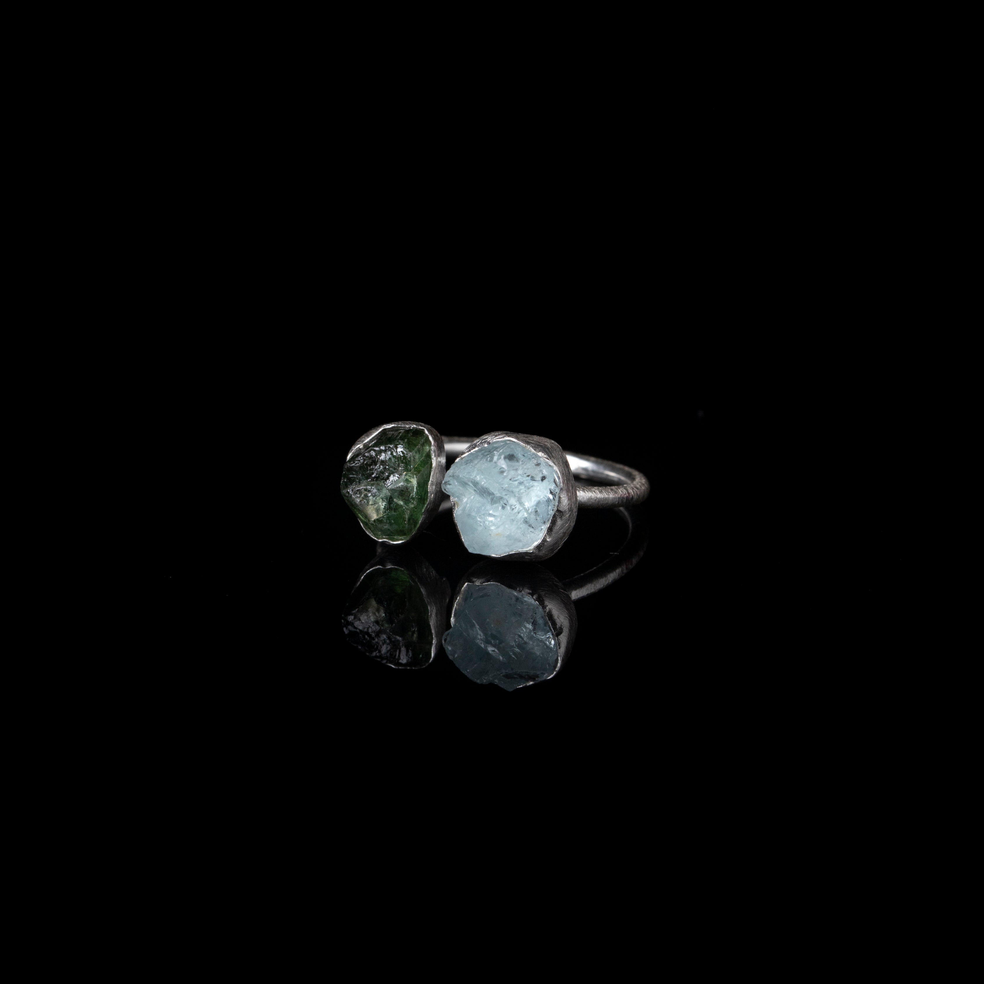 Green Tourmaline & Aquamarine Rough Stone Twin Ring