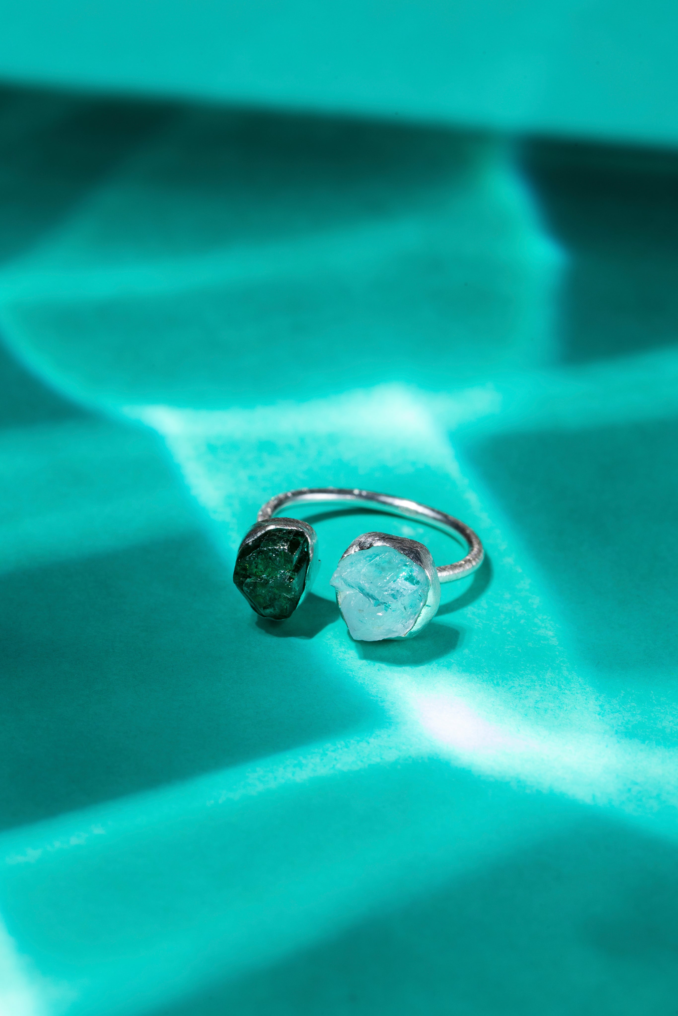 Green Tourmaline & Aquamarine Rough Stone Twin Ring