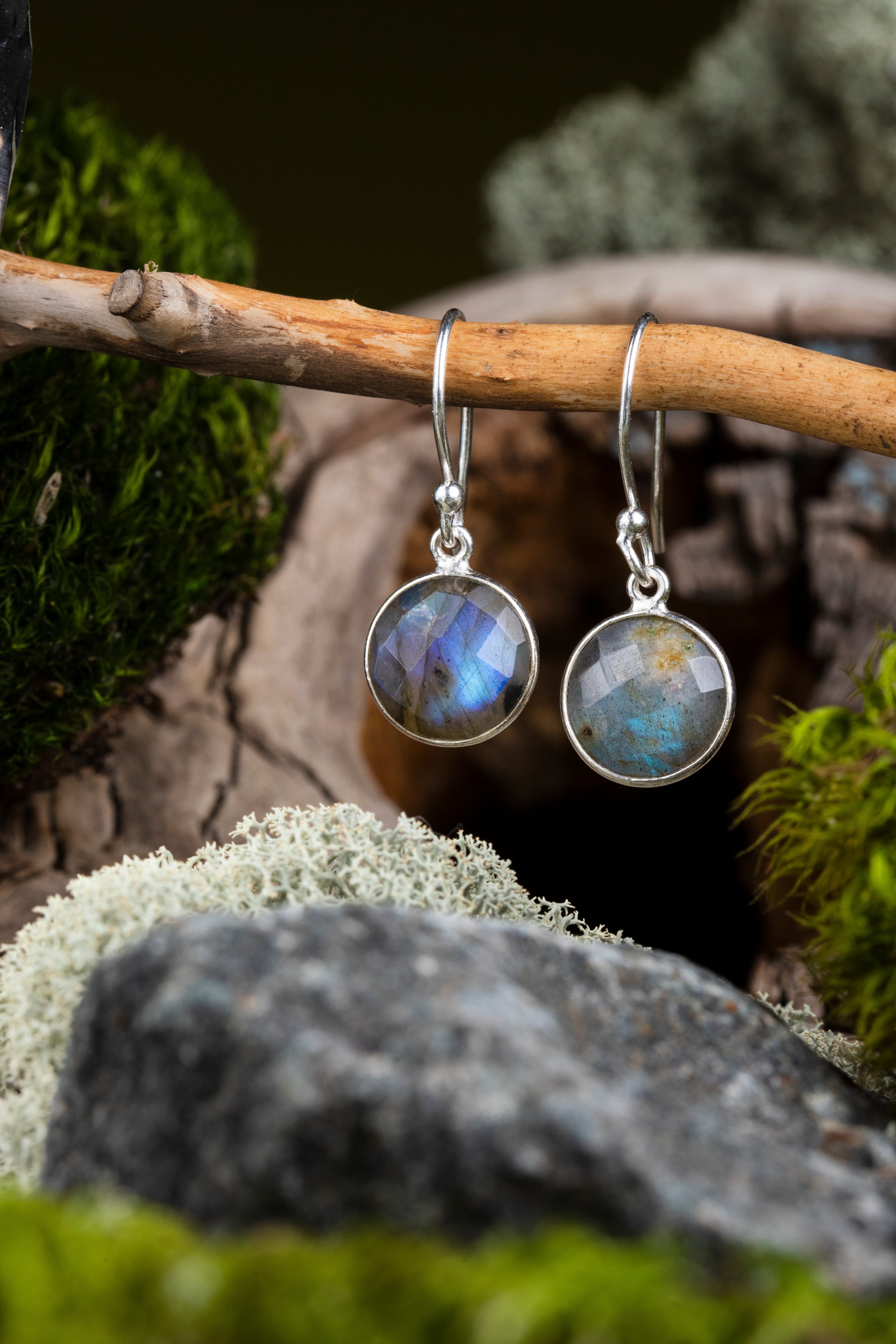 Labradorite Cut Stone Round Silver Earrings