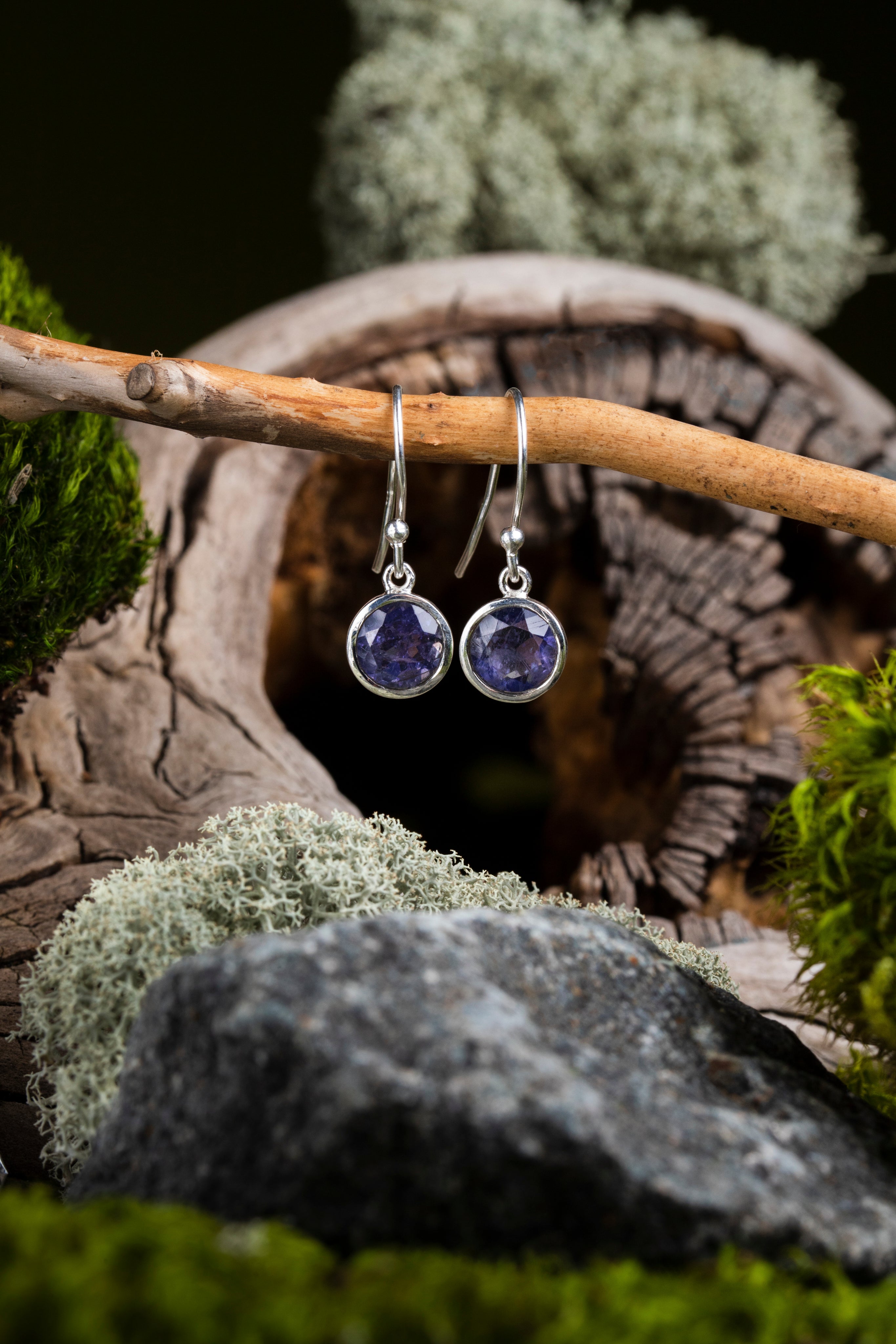 Iolite Round Cut Silver Earrings