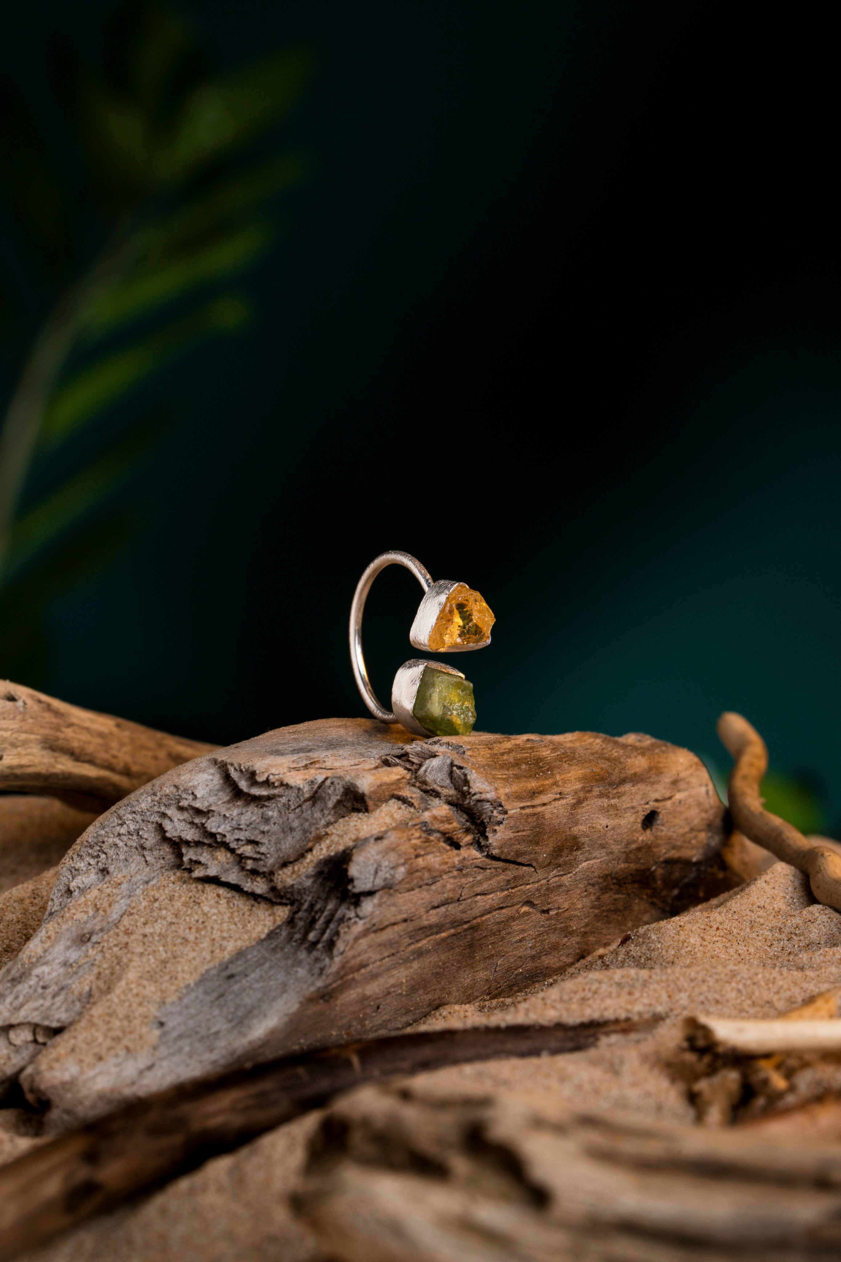 Peridot & Citrine Rough Stone Twin Ring