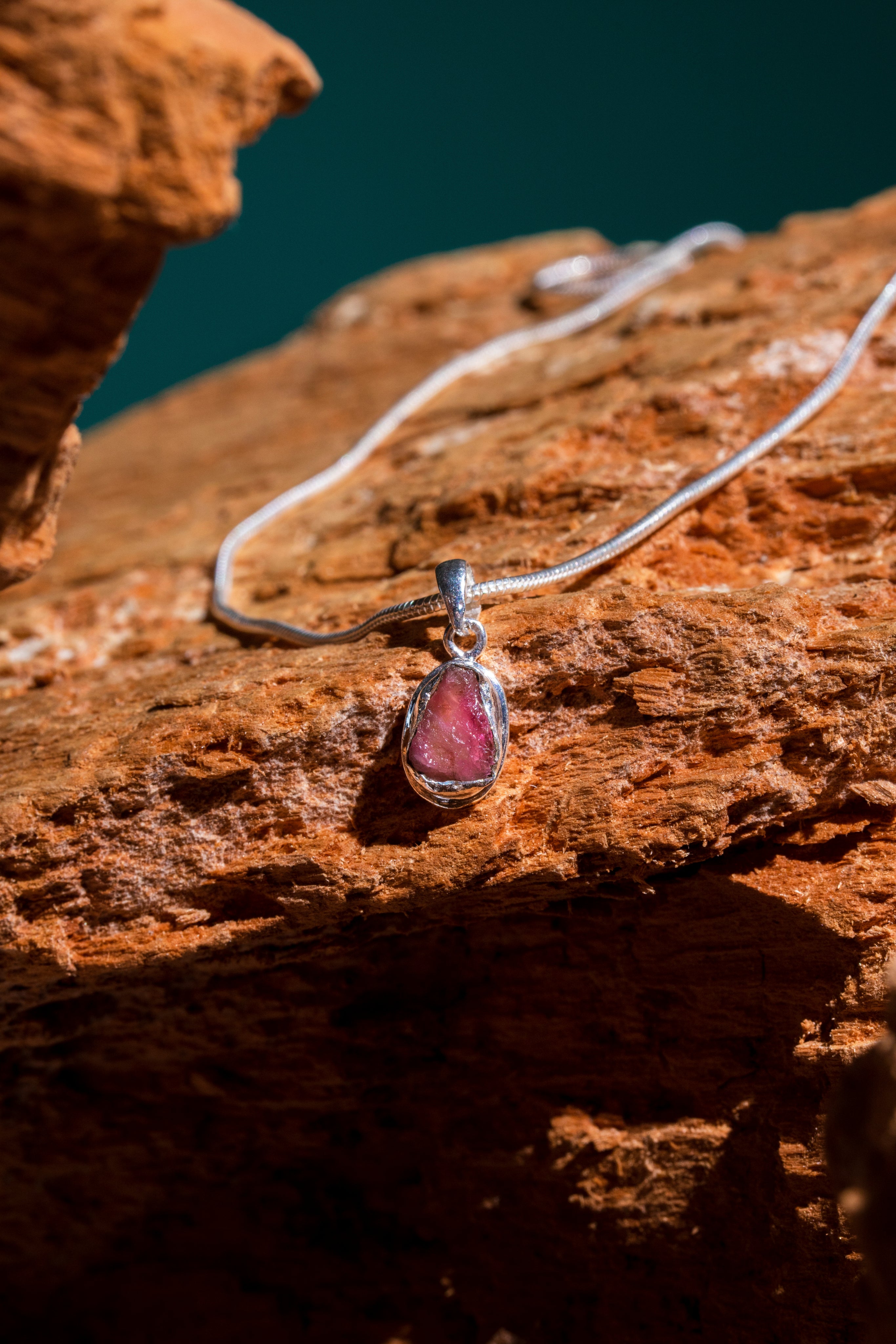 Pink Tourmaline Rough Stone Silver Pendant
