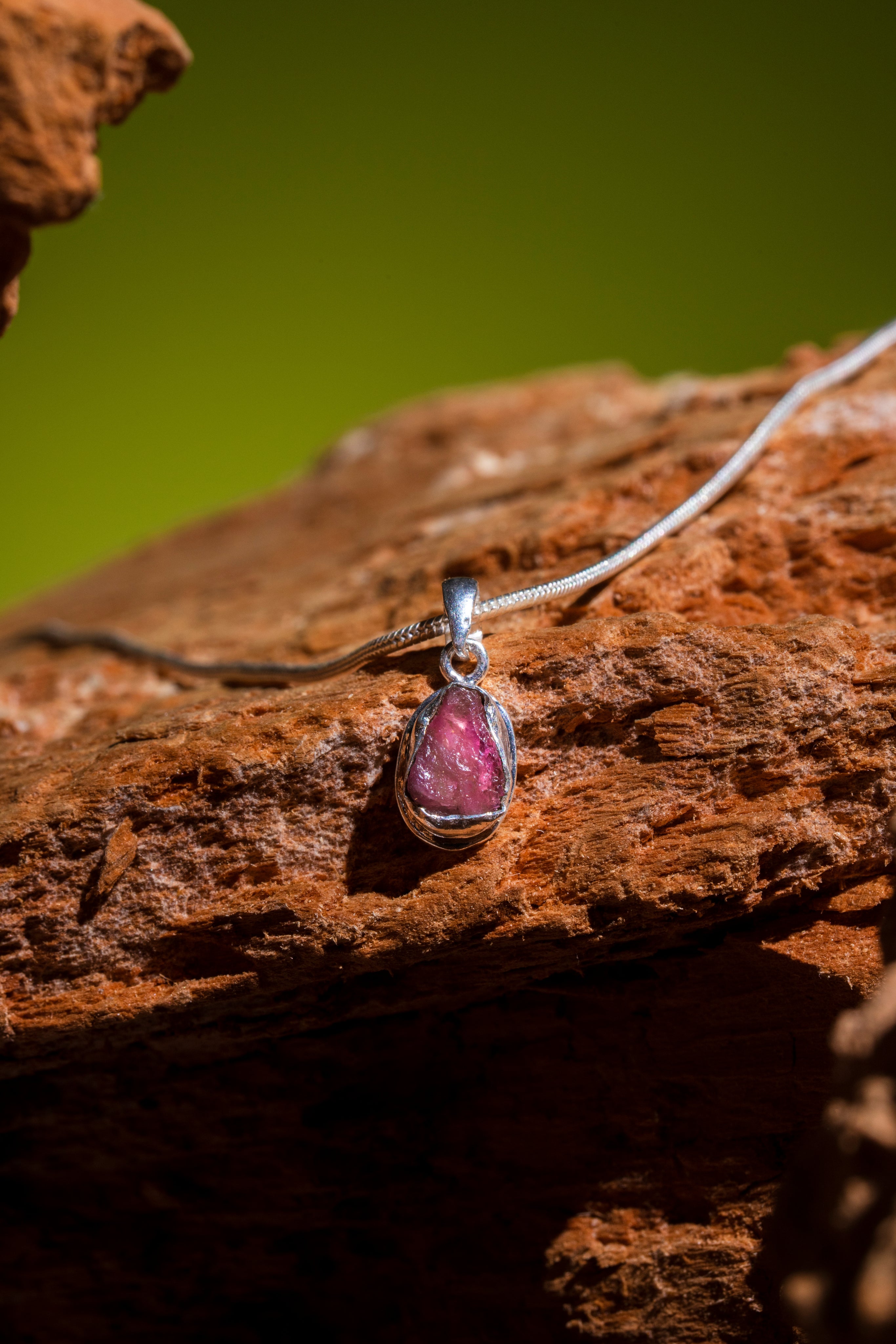 Pink Tourmaline Rough Stone Silver Pendant